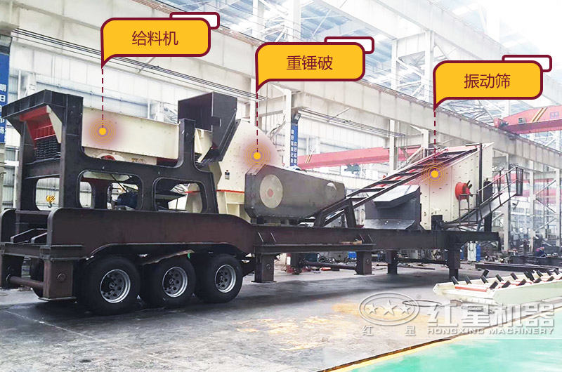 移動(dòng)重錘式破碎機(jī)，給料+破碎+篩分+傳輸，一機(jī)等于一條生產(chǎn)線